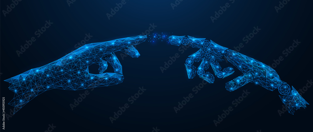 Contact of human and robot hands. Virtual connection. Polygonal construction of lines and points. Blue background.