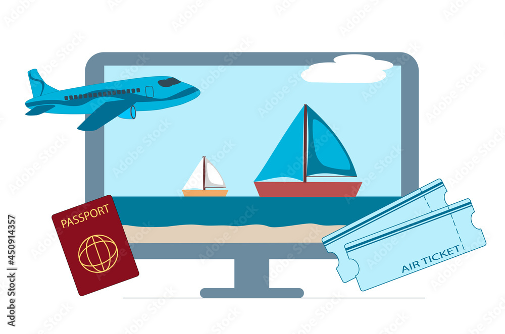 Vector illustration. Concept for booking air tickets online, planning a tour