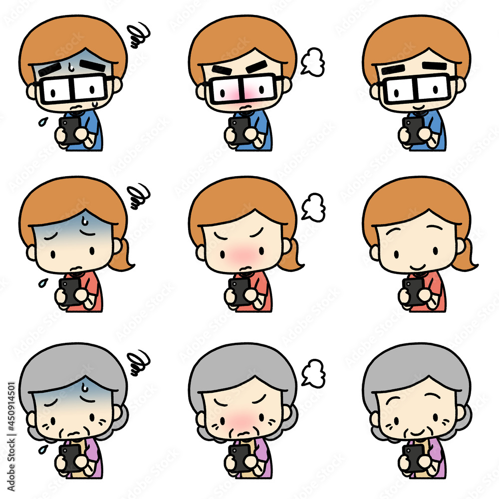 Illustrations of various facial expressions of people with smartphones Illustrations of various facial expressions of people with smartphones
