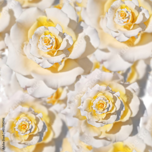 Seamless floral raster pattern of white and yellow roses with blur effect.