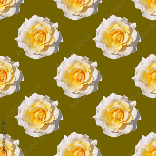 Raster seamless floral pattern of white and yellow roses on a gold background.