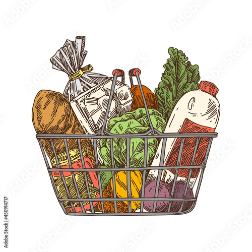 Metal basket from the supermarket filled with food. Color. Engraving style. Vector illustration.
