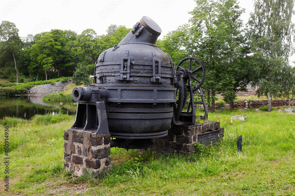 One old obsolete Bessemer converter, used in the Bessemer process for the iron and steel industry.