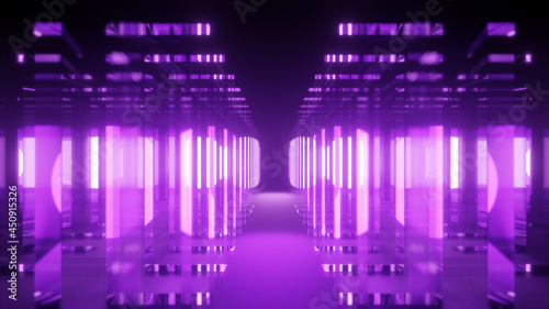 Abstract purple neon maze. Luminous spheres between mirror surfaces 3D render