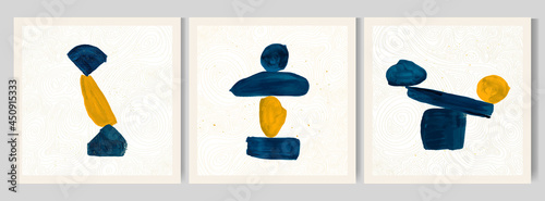 Vector illustration. Abstract contemporary aesthetic backgrounds. Design for social media template, web banner. Room wall decor. Blue watercolor paints with golden splash dots. Stone balance concept