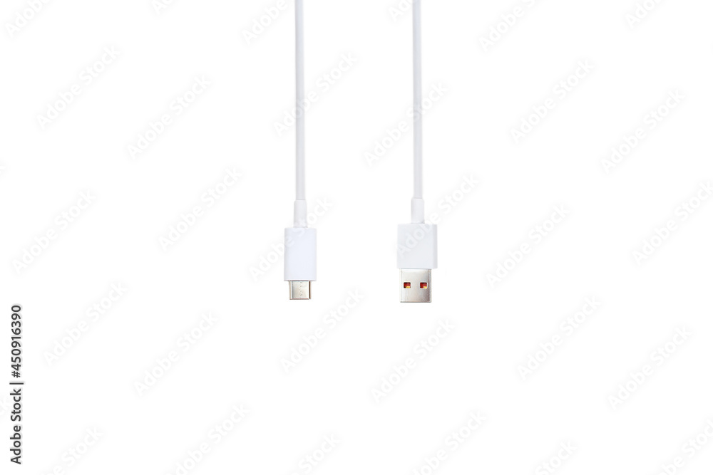 Charger for a smartphone or tablet on a white background. Long white cable wire Charger for a smartphone or tablet on a white background. Long white cable wire