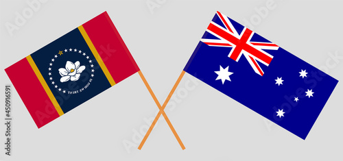 Crossed flags of the State of Mississippi and Australia. Official colors. Correct proportion