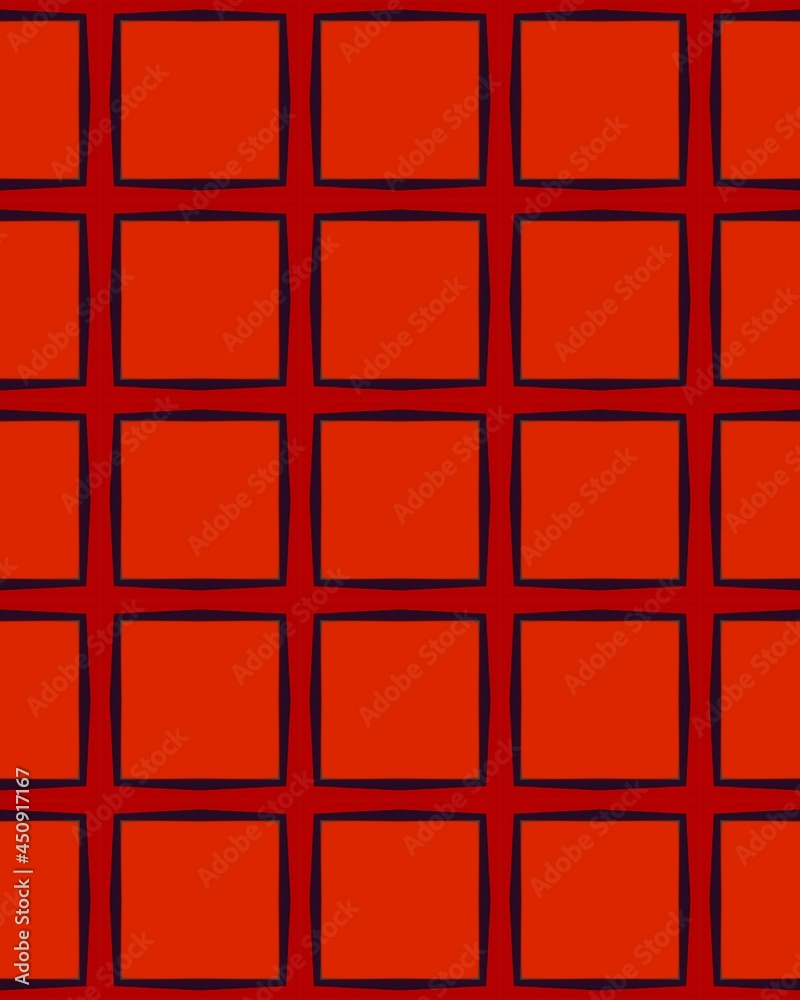 Black cross and squares on red background. Seamless fabric fashion design.