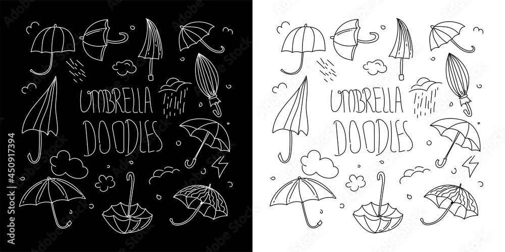 Obraz premium Set of Umbrella Doodles isolated on white and black background