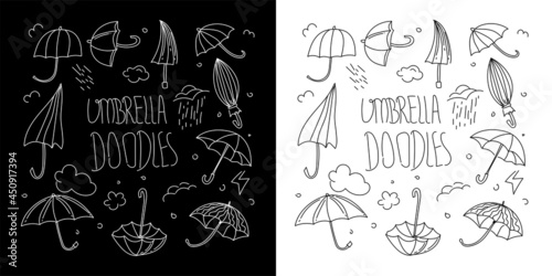 Set of Umbrella Doodles isolated on white and black background