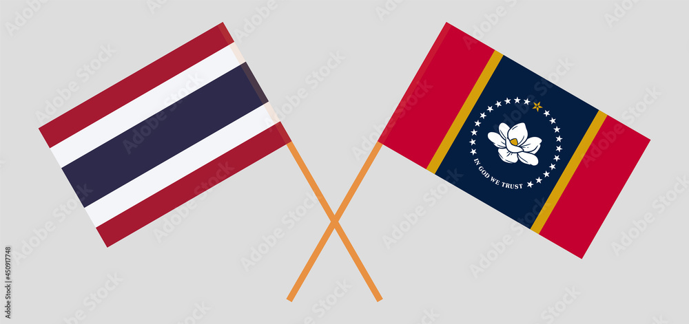 Crossed flags of Thailand and the State of Mississippi. Official colors. Correct proportion Crossed flags of Thailand and the State of Mississippi. Official colors. Correct proportion