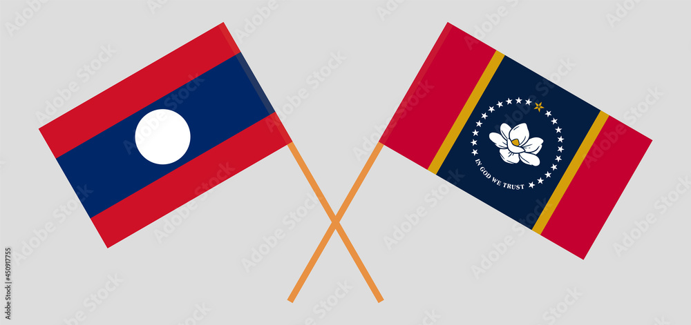 Fototapeta premium Crossed flags of Laos and the State of Mississippi. Official colors. Correct proportion