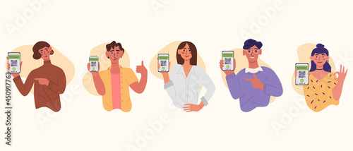Certificate of vaccination vector flat cartoon illustration, with young mans and womans. They showing smartphone with vaccine QR code in mobile app or screen. Covid-19 coronavirus vaccine certificate