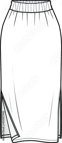 women straight midi skirt with two side slit flat sketch vector illustration