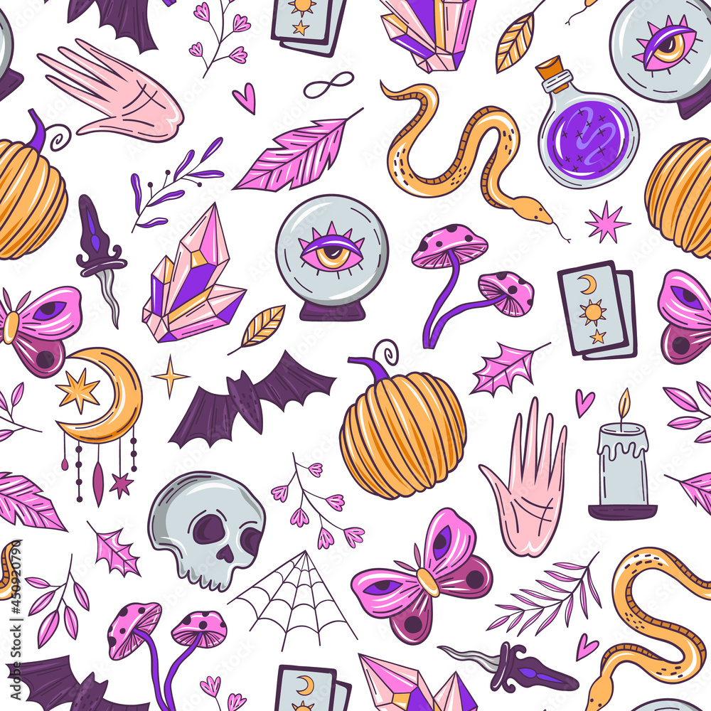 Magic halloween seamless pattern. Witch background