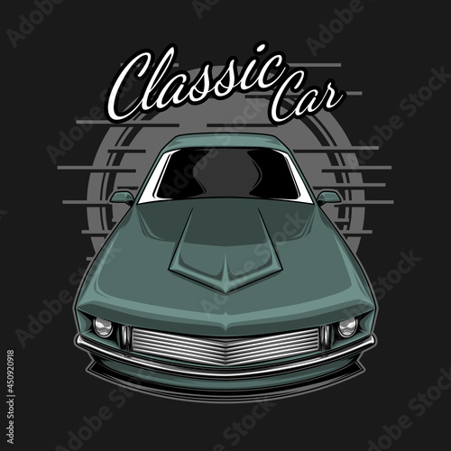 Automotive design. Classic Car Illustration with military green color isolated on dark grey background. Perfect for cloth or sticker.