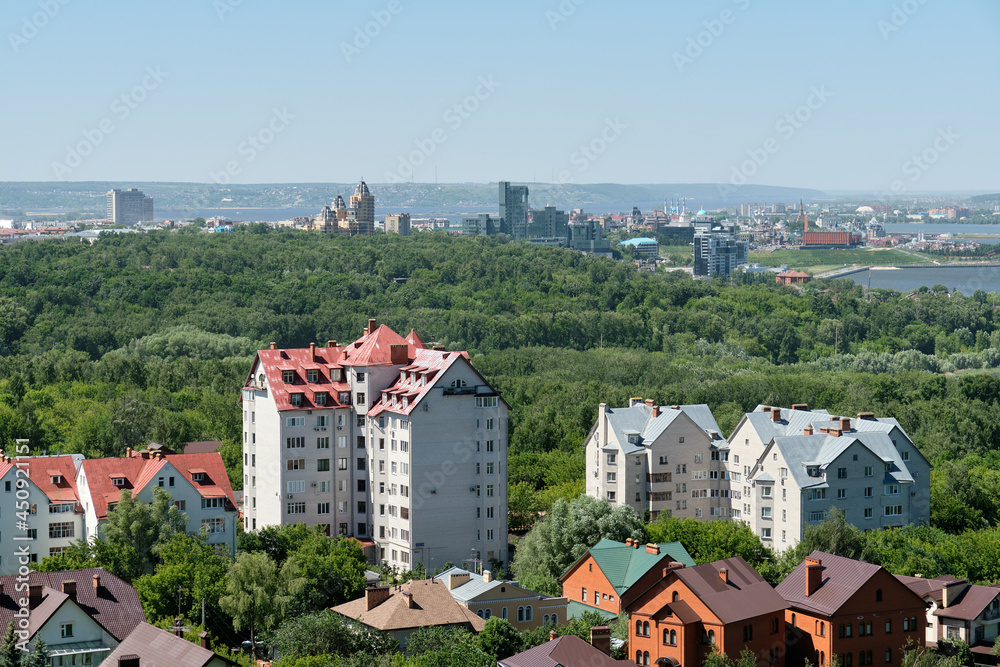 View from above of the houses of  streets in Kazan City. Sunny weather. Selective Focus