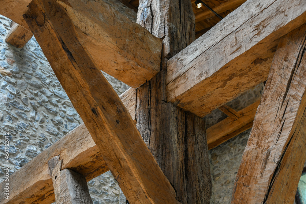 Wooden structure to support the roof of a farmhouse in Guipuzcoa, San Sebastian, Basque Country, Spain Wooden structure to support the roof of a farmhouse in Guipuzcoa, San Sebastian, Basque Country, Spain