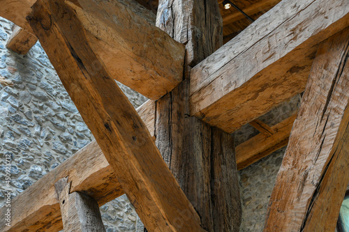 Wooden structure to support the roof of a farmhouse in Guipuzcoa, San Sebastian, Basque Country, Spain