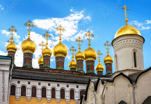 Golden domes of cathedrals in Moscow Kremlin, Russia