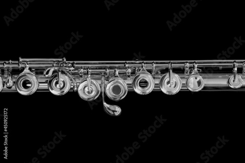 Konstfotografi flute mechanism on black background, querflöte, flûte traversière, flauto traver
