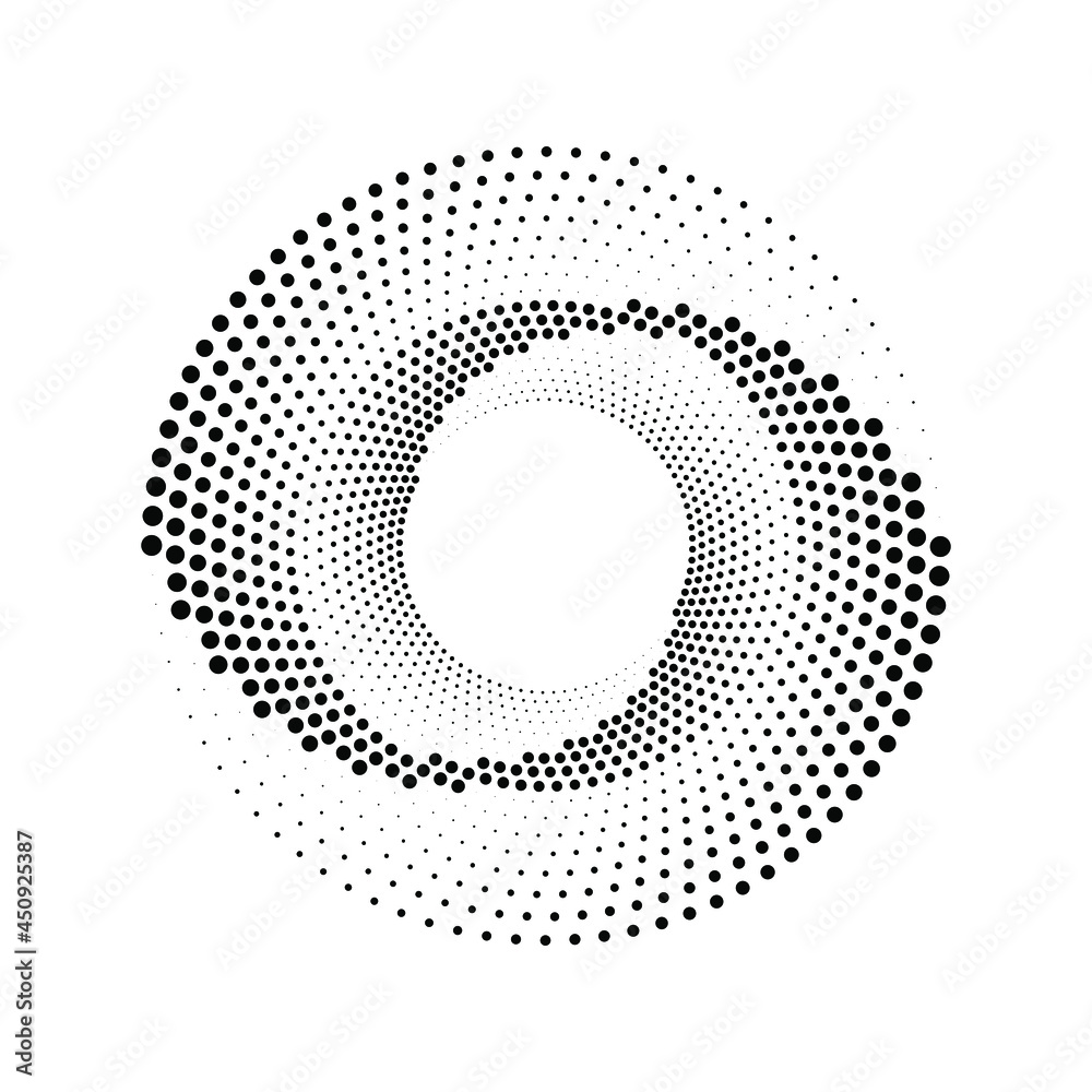 Black dotted lines in abstract spiral form. Halftone design element for border frame, round logo, tattoo, sign, symbol, web pages, prints, template, pattern and abstract background
