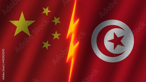 Photography Tunisia and China Flags Together, Wavy Fabric Texture Effect, Neon Glow Effect,
