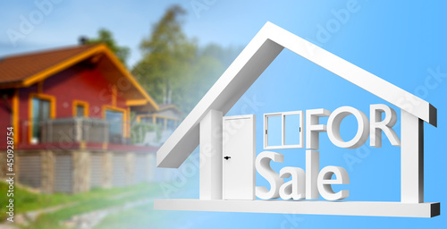 House for sale sign. Collage on theme of real estate business. For sale sign next to house. Work in real estate business. Blurred wooden cottage. Sale of real estate. 3d illustration.