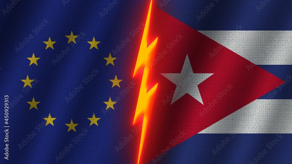 Cuba and European Union Flags Together, Wavy Fabric Texture Effect, Neon Glow Effect, Shining Thunder Icon, Crisis Concept, 3D Illustration Cuba and European Union Flags Together, Wavy Fabric Texture Effect, Neon Glow Effect, Shining Thunder Icon, Crisis Concept, 3D Illustration