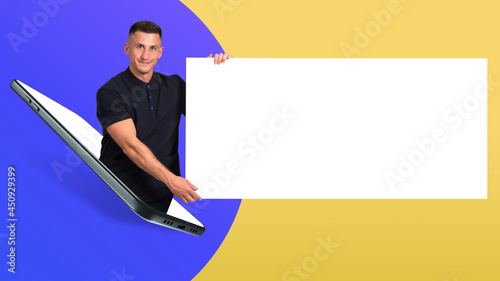 Man with banner on colorful...