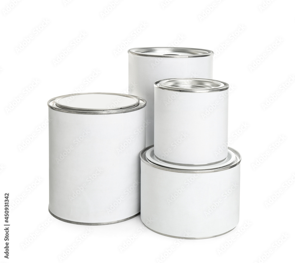Closed blank cans of paint on white background Closed blank cans of paint on white background