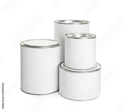 Closed blank cans of paint on white background
