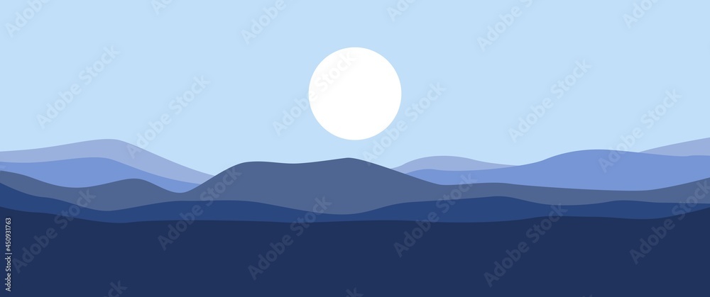 Mountain layers silhouette with sun vector illustration. Blue mountain landscape with sun vector illustration used for background, desktop background, backdrop, banner.