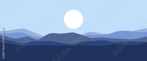 Mountain layers silhouette with sun vector illustration. Blue mountain landscape with sun vector illustration used for background  desktop background  backdrop  banner.