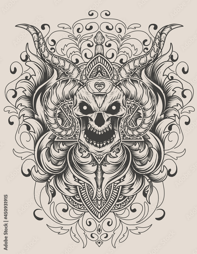 illustration demon skull head with antique engraving ornament illustration demon skull head with antique engraving ornament