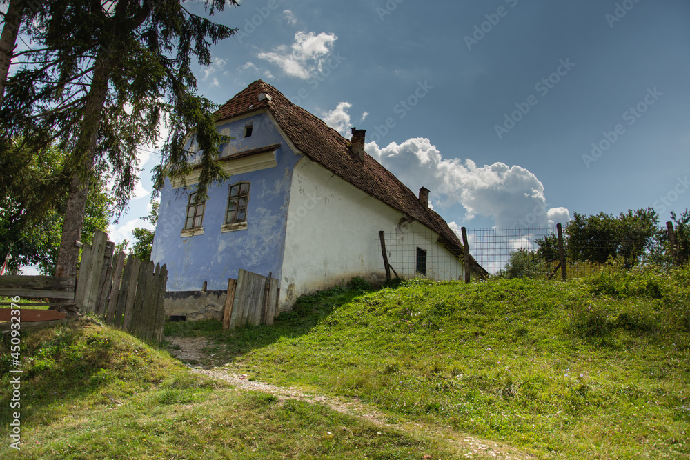 blue houses in the village of Roades,Romania,.Brasov, 2019 