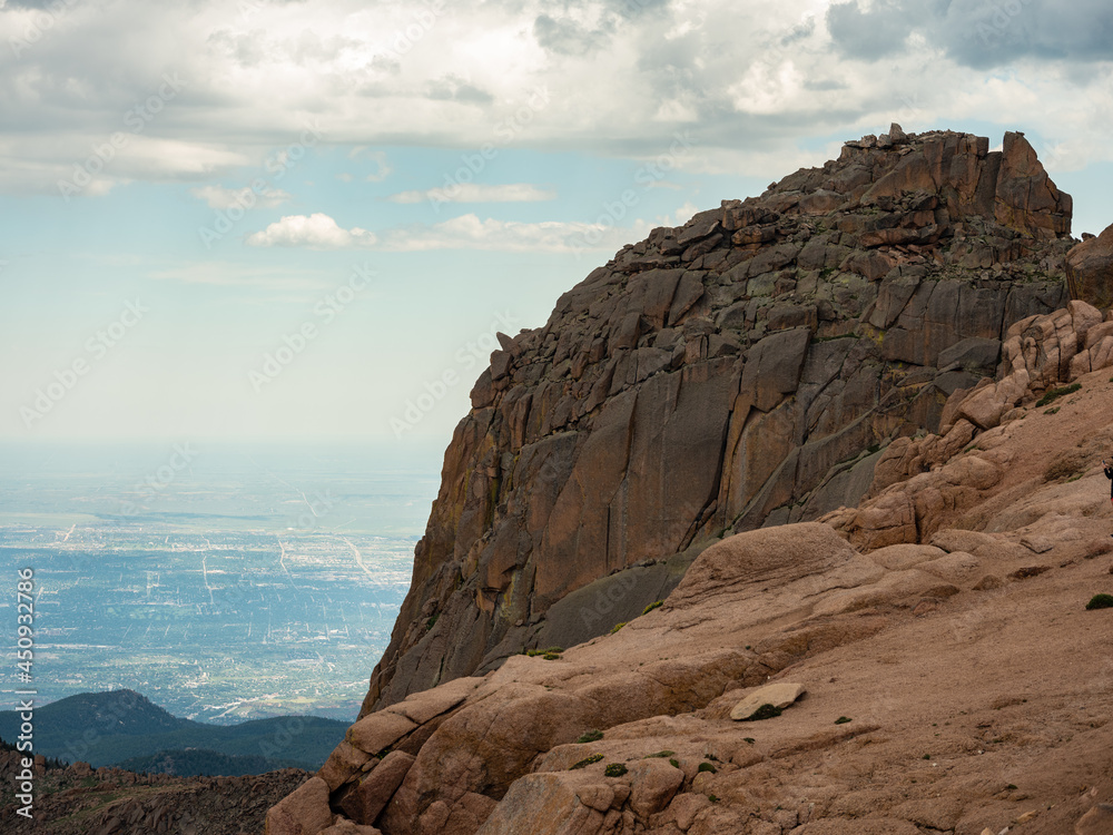 Granite rocks and the town of Colorado Springs from Pikes Peak