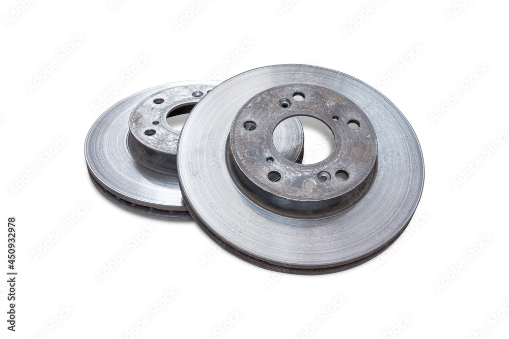 Old disk brake of car with rust and wear and tear from use on the white background Old disk brake of car with rust and wear and tear from use on the white background