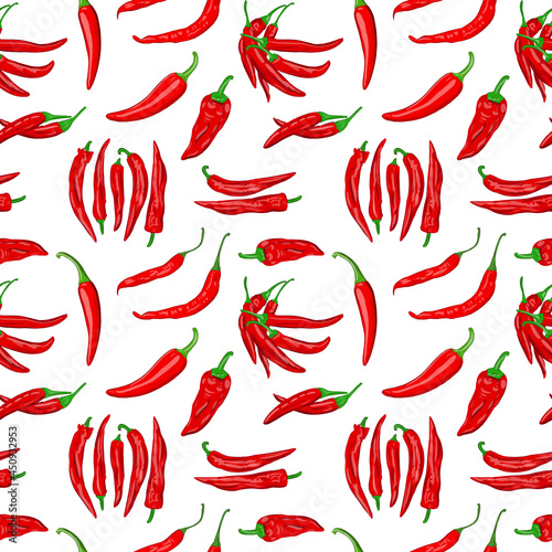 Digital illustration of a seamless pattern of red hot cayenne pepper pods on a white background. High quality illustration