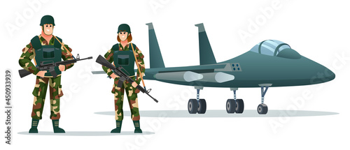 Man and woman army soldiers holding weapon guns with military jet plane cartoon illustration
