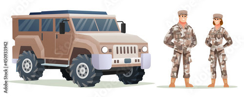 Male and female army soldier characters with military vehicle cartoon illustration