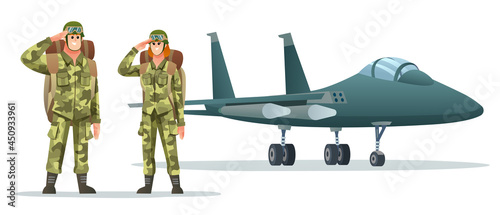 Man and woman army soldier carrying backpack characters with military jet plane cartoon illustration