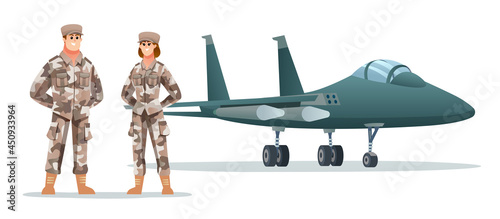 Male and female army soldier characters with military jet plane