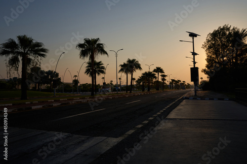 A typical street in the resort part of the Sinai Peninsula Egypt in the backlight. Street with palm trees Sharm El Sheikh Egypt