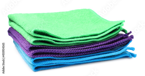 Many colorful microfiber cloths on white background