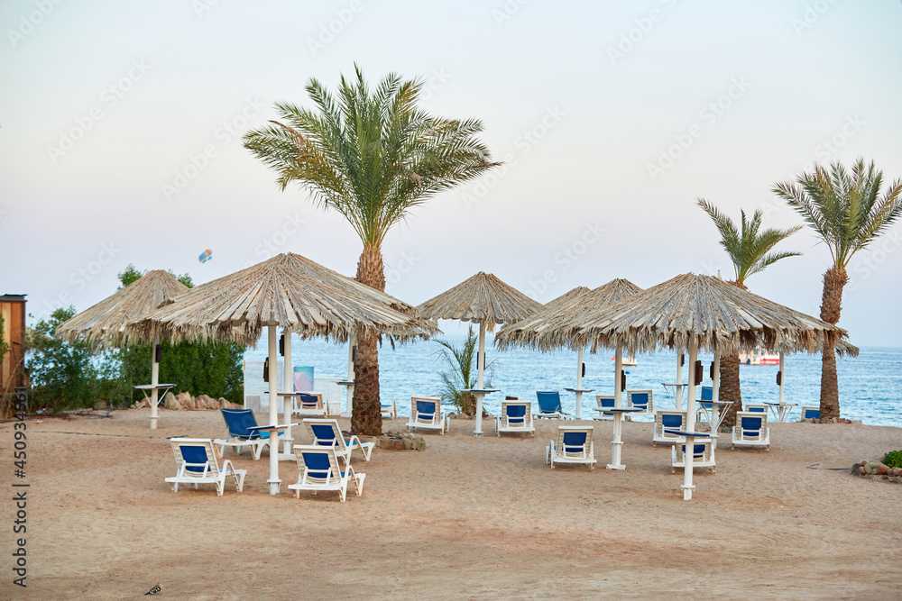 Umbrellas and sun loungers at luxury tropical resort on coral beach in the Red Sea. Resort complex on Red Sea. Typical resort beach.