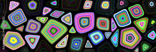 Abstract multicolor shapes on dark background, vector banner