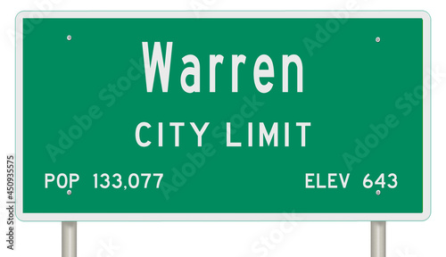 Rendering of a green Michigan highway sign with city information photo