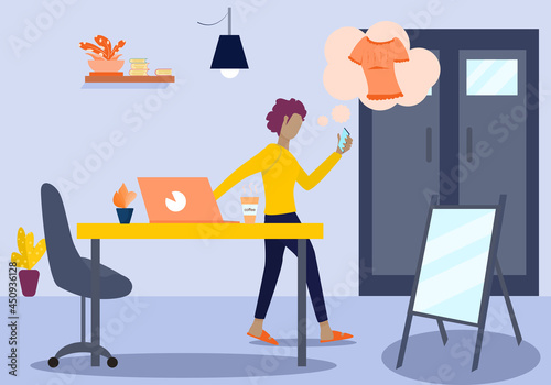 Concept Freelance in selling fashion clothes. dark-skinned woman with full hair is walking with a phone while watching a fashion show. who are ordering  In the office at home. work from home. Vector 