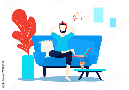 Concept Lifestyle, relax, holiday, quarantine. Character white man sitting and relaxing with his eyes closed Listening to music on the sofa in the living room at home. Vector flat style. Illustration  © June stocker